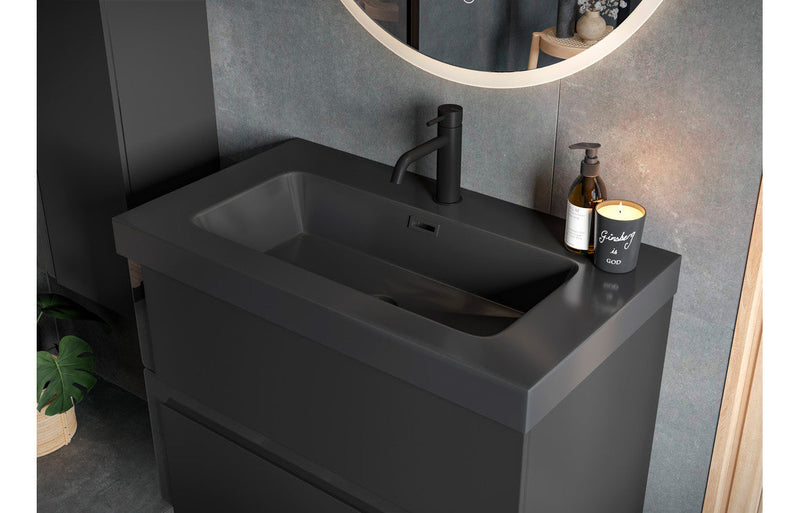 Fusion 815mm Wall Hung 2 Drawer Basin Unit & White Basin - Matt Black & Glass