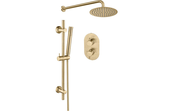 Round Concealed Valve Head & Arm Shower Pack - Brushed Brass