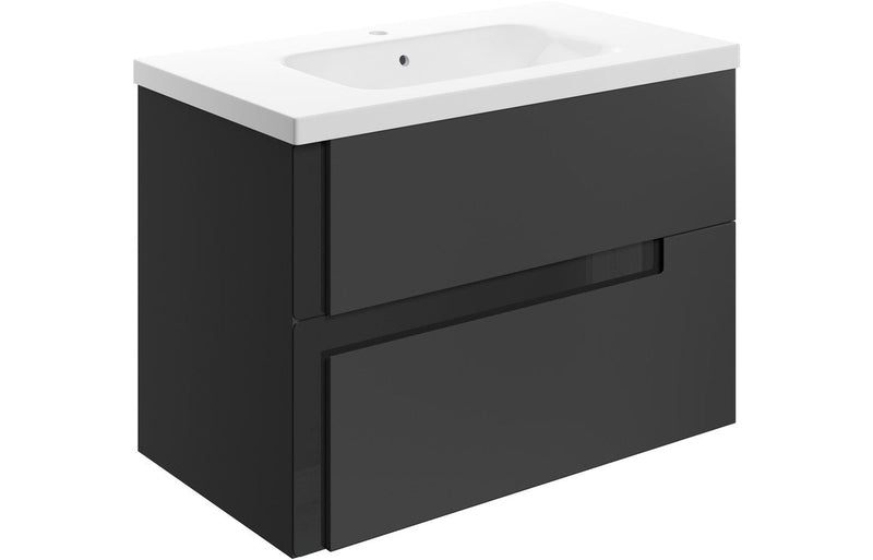 Fusion 815mm Wall Hung 2 Drawer Basin Unit & White Basin - Matt Black & Glass