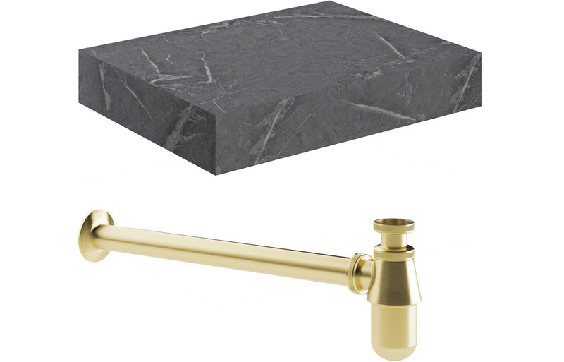 Mosaic 600mm Wall Hung Grey Marble Basin Shelf & Brushed Brass Bottle Trap