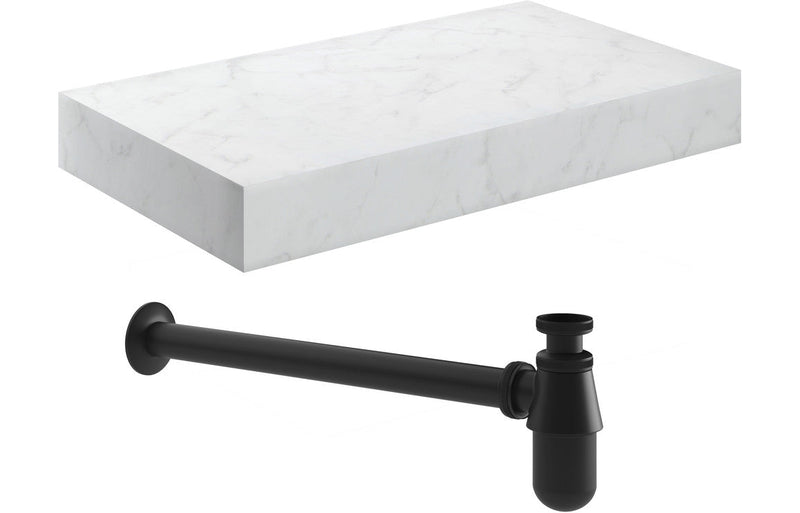 Mosaic 800mm Wall Hung White Marble Basin Shelf & Black Bottle Trap