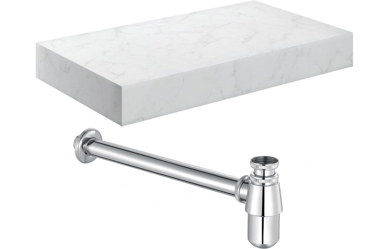 Mosaic 800mm Wall Hung White Marble Basin Shelf & Chrome Bottle Trap