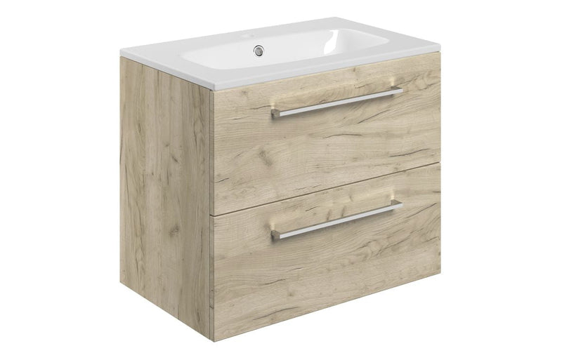 Vivido 610mm Wall Hung 2 Drawer Basin Unit & Basin - Oak