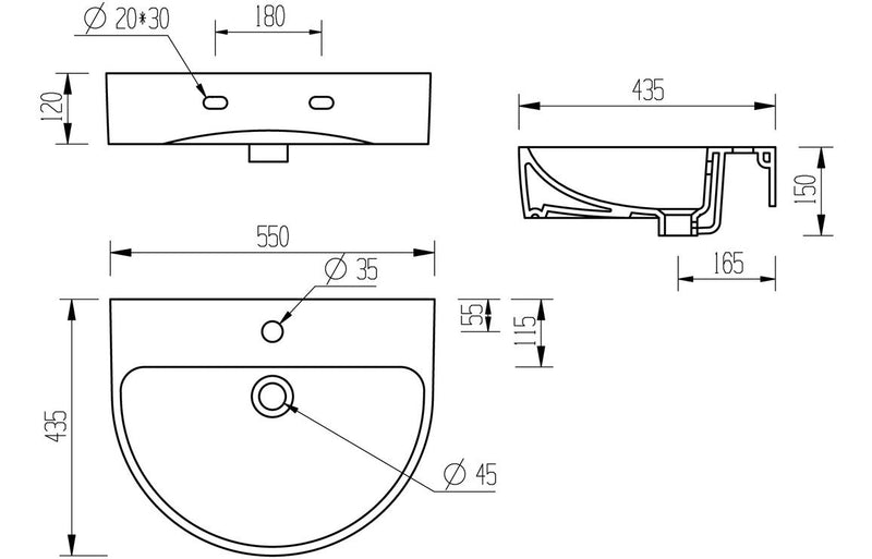 Dania 555x430mm 1TH Basin & Semi Pedestal