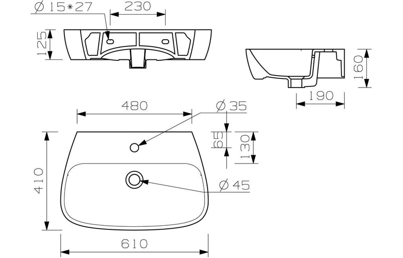 Alure 600x400mm 1TH Basin & Full Pedestal