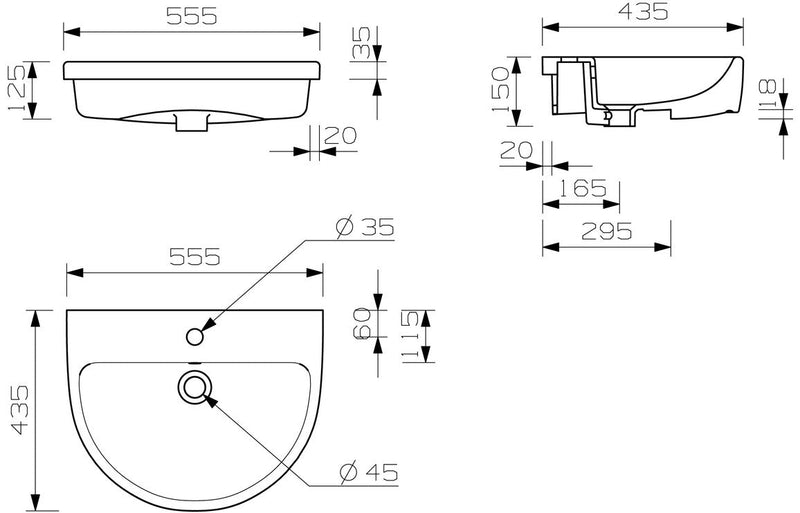 Hamilton 555x435mm 1TH Semi Recessed Basin