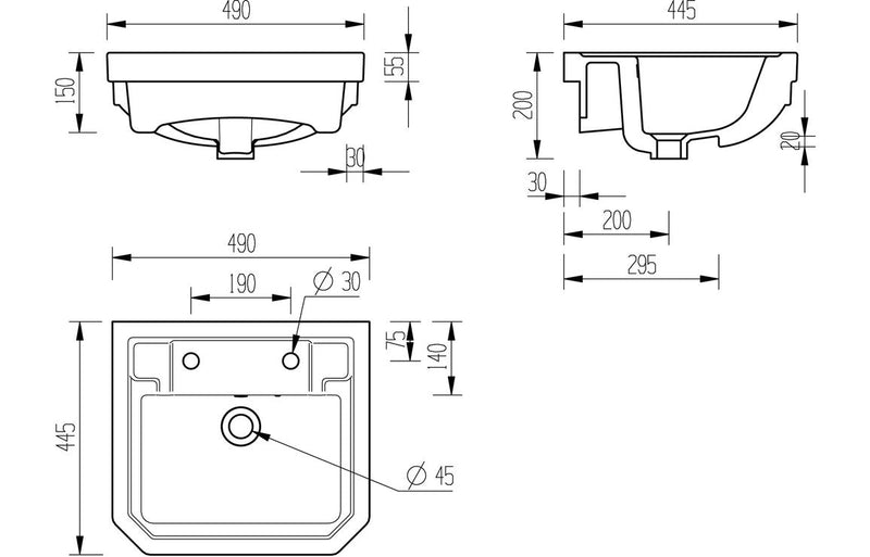 York 495x445mm 2TH Semi Recessed Basin