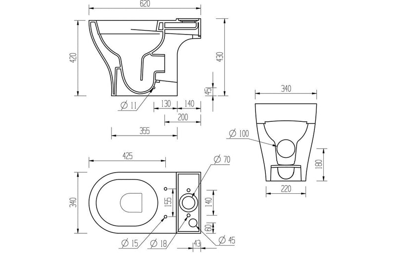 Sofia Rimless Short Projection Close Coupled Open Back WC & Soft Close Seat