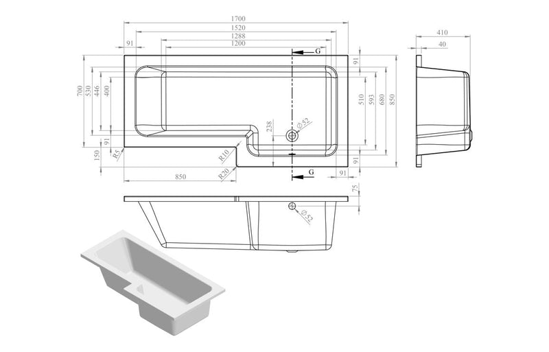 L-Shape Single End 1700x700-850x410mm 0TH Bath Only (RH)