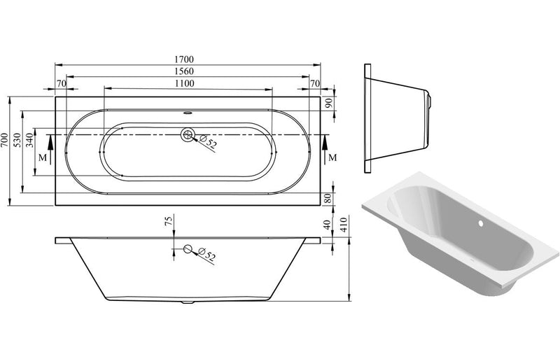 Florida Round Double End SUPERCAST 1700x700x550mm 0TH Bath w/Legs