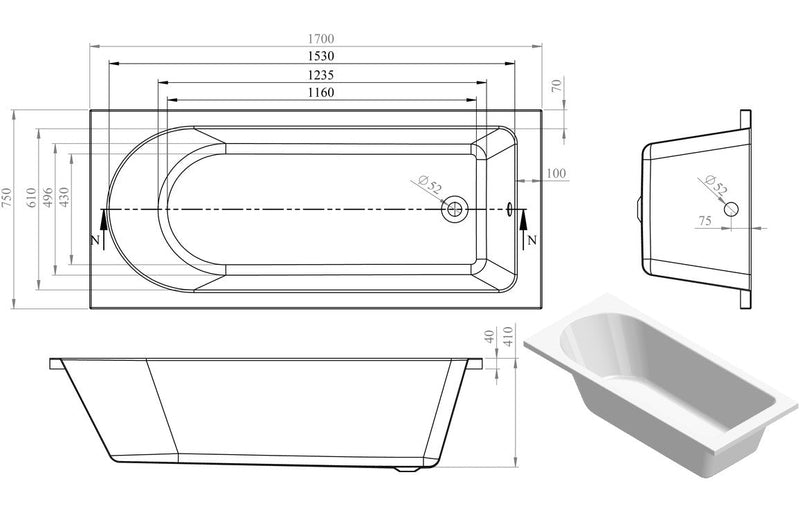 Florida Round Single End 1700x750x550mm 0TH Bath w/Legs