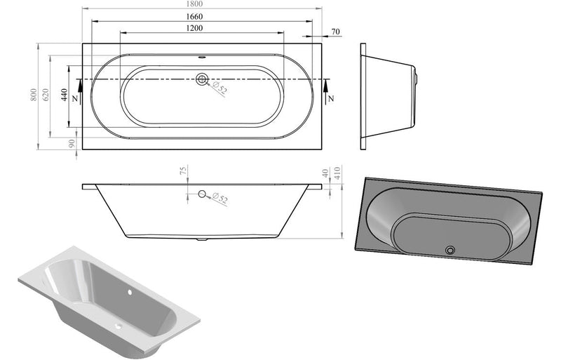 Florida Round Double End 1800x800x550mm 0TH Bath w/Legs