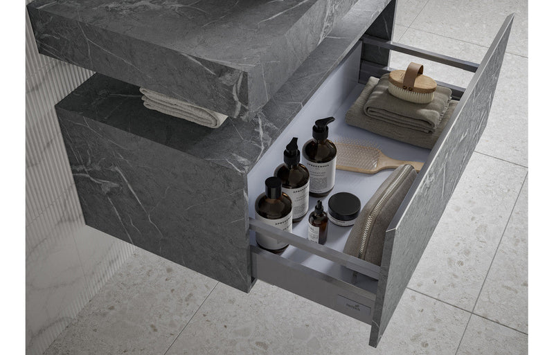 Mosaic 600mm Wall Hung Grey Marble Basin Shelf & Brushed Brass Bottle Trap