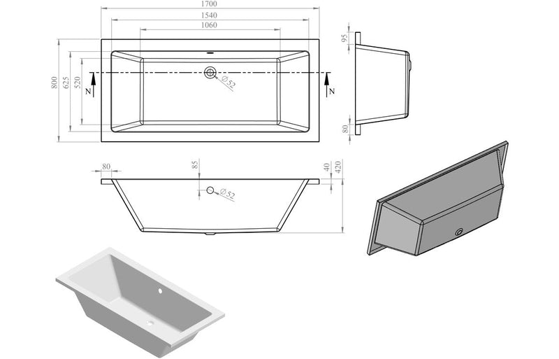 Tuscan Square Double End 1700x800x550mm 0TH Bath w/Legs