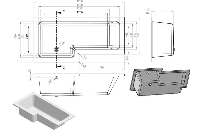 Tuscan L Shape SUPERCAST 1700x850x560mm 0TH Shower Bath Pack (LH)