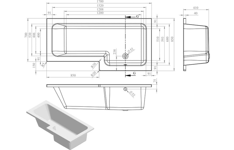 L-Shape 1700x700-850x410mm 0TH Shower Bath Panel & Screen (RH)